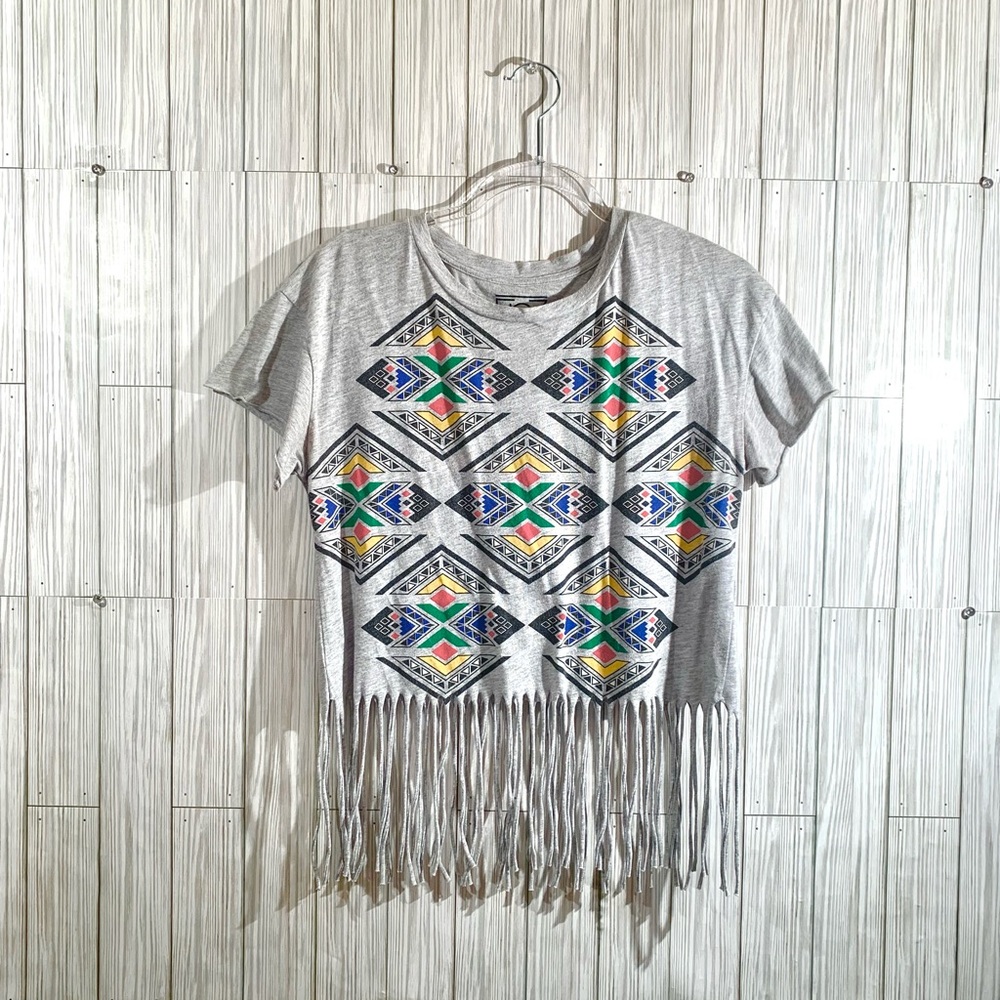 Gray Geometric Fringe Vintage Style Aztec Blouse